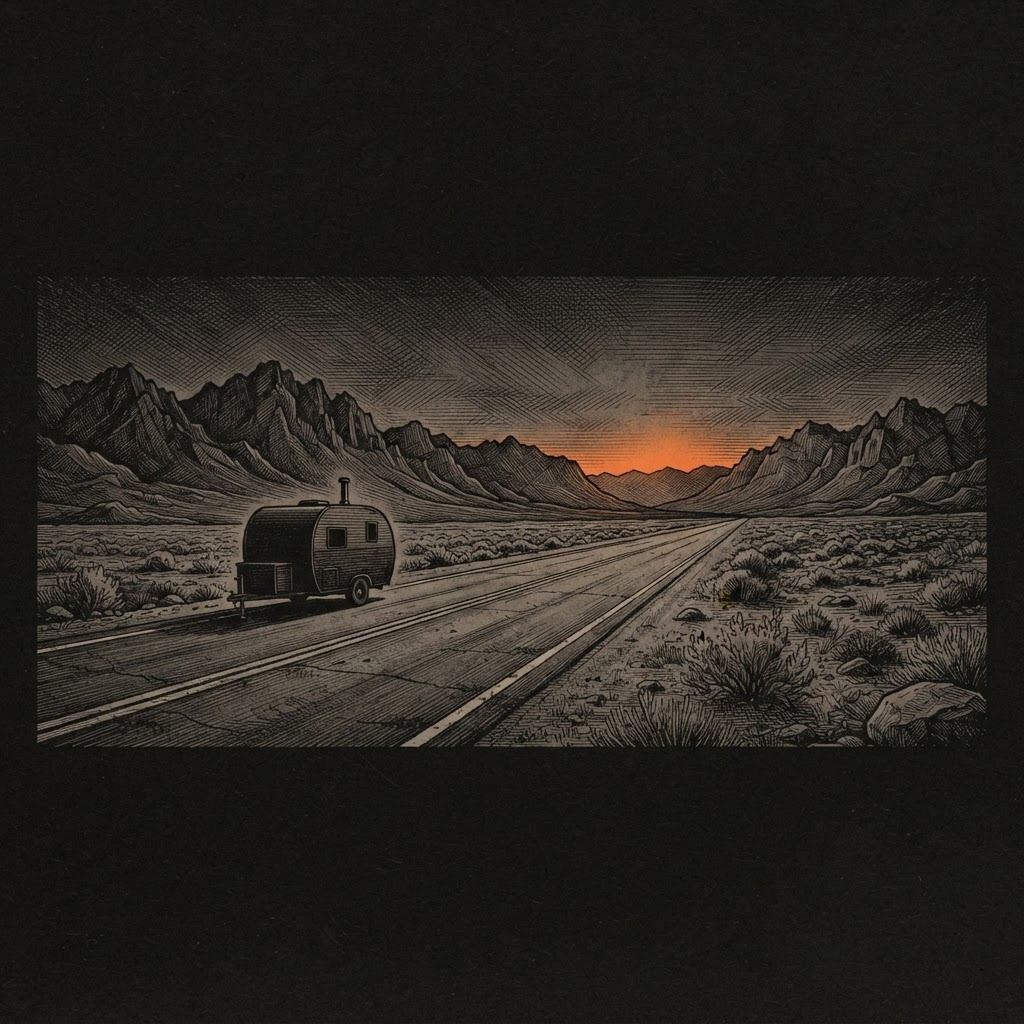 An etched illustration of a two-lane highway crossing a high-desert corridor between two mountain ranges at dusk, a sauna trailer on the road.
