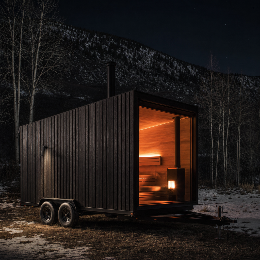 Generated concept image of a timber-clad sauna trailer at night, not a photograph of the owner's equipment.
